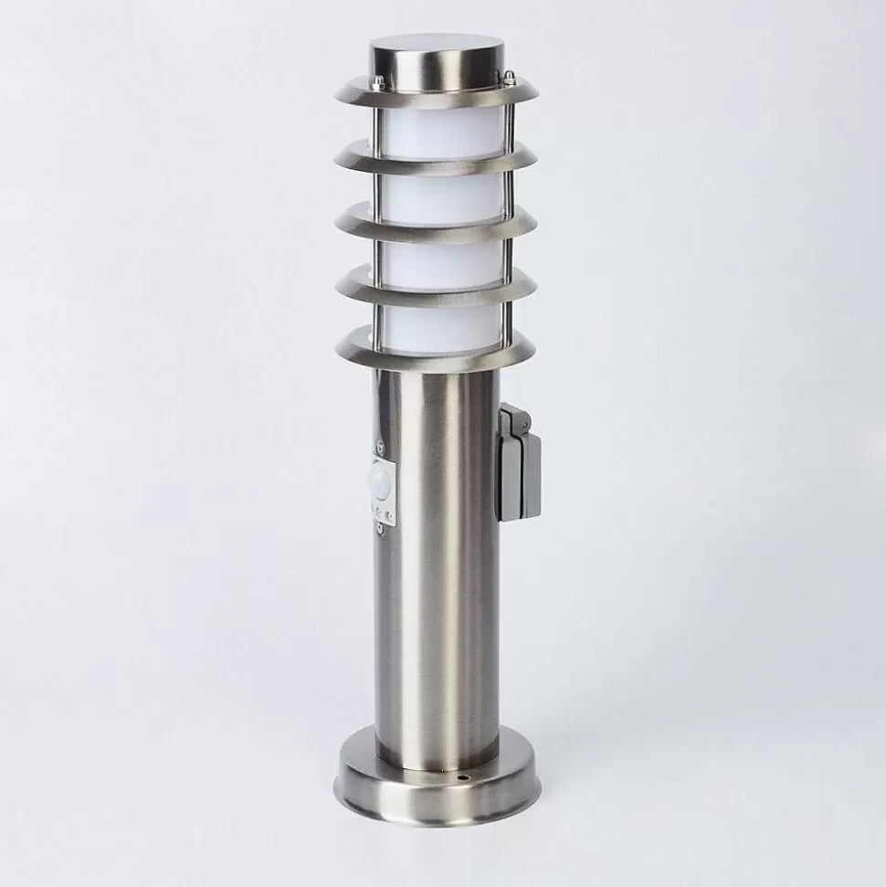 hofstein Luminaires Extérieurs Avec Prise>Borne Lumineuse Tunes Nickel Mat, 1 Lumiere, Detecteur De Mouvement