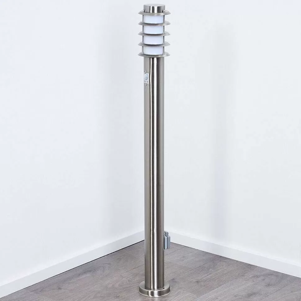 hofstein Luminaires Extérieurs Avec Prise>Borne Lumineuse Tunes Nickel Mat, 1 Lumiere, Detecteur De Mouvement