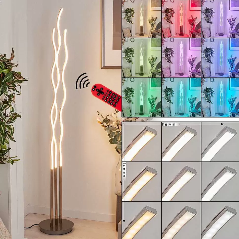 hofstein Lampadaires Et Lampadaires A Vasque>Lampadaire Gamsen Led Nickel Mat, 3 Lumieres, Telecommandes, Changeur De Couleurs
