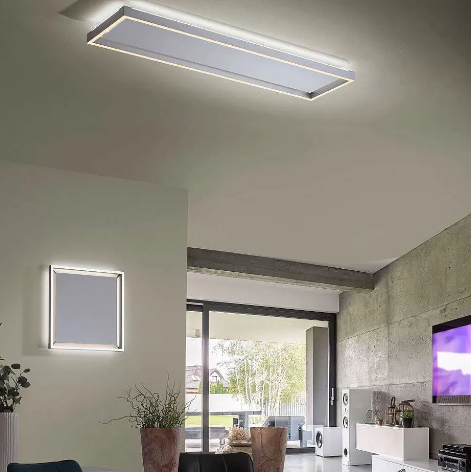 Paul Neuhaus Q-Serie Paul Neuhaus Q>Plafonnier Paul-Neuhaus Q-Kaan Led Acier Brosse, 2 Lumieres, Telecommandes