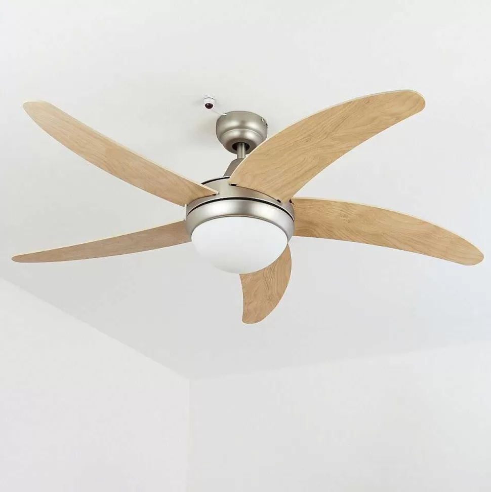 hofstein Plafonniers Et Lustres Ventilateurs>Ventilateur De Plafond Morino Ecru, Nickel Mat, 2 Lumieres, Telecommandes
