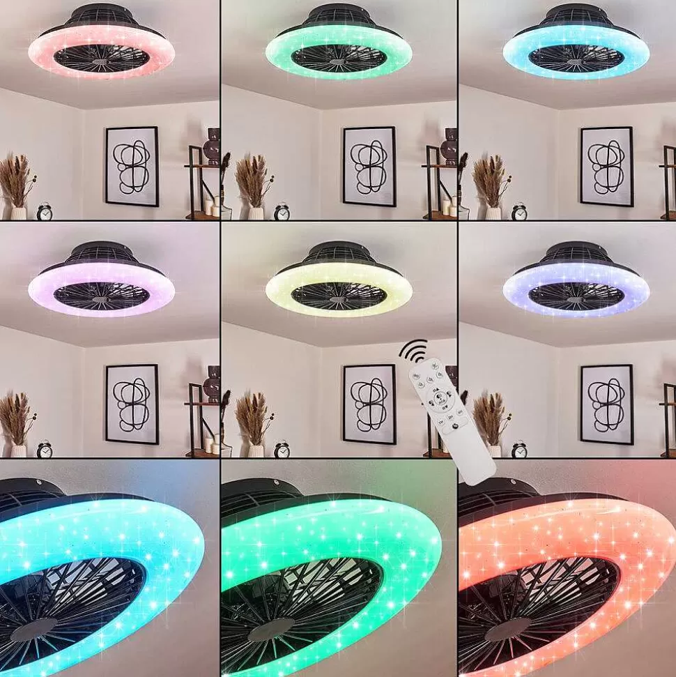 hofstein Plafonniers Et Lustres Ventilateurs>Ventilateur De Plafond Pireaus Led Noir, 1 Lumiere, Telecommandes, Changeur De Couleurs