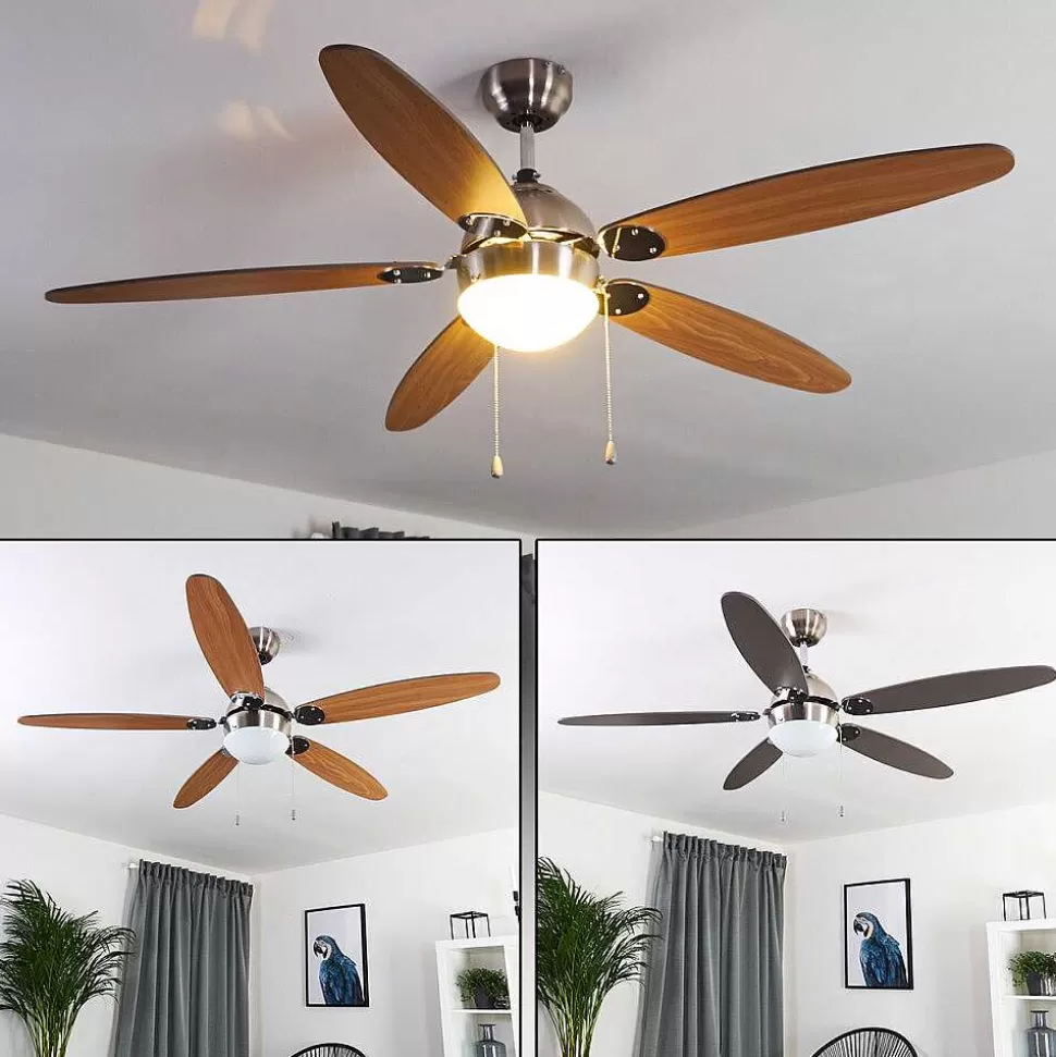 hofstein Plafonniers Et Lustres Ventilateurs>Ventilateur De Plafond Valeria Chrome, Bois Clair, Nickel Mat, 1 Lumiere